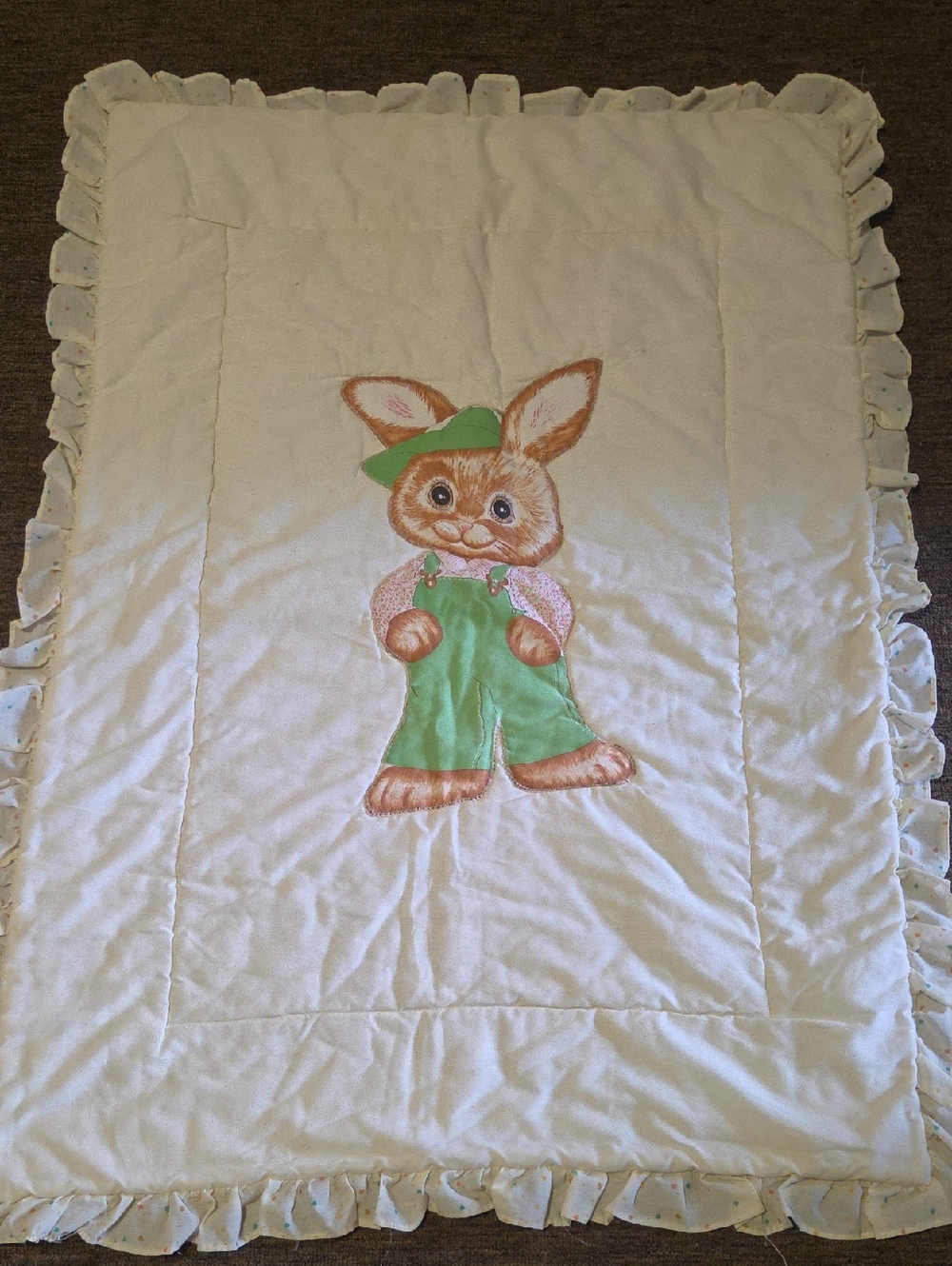 Cream Baby Bedding Blanket with Green Bunny Applique 44x34